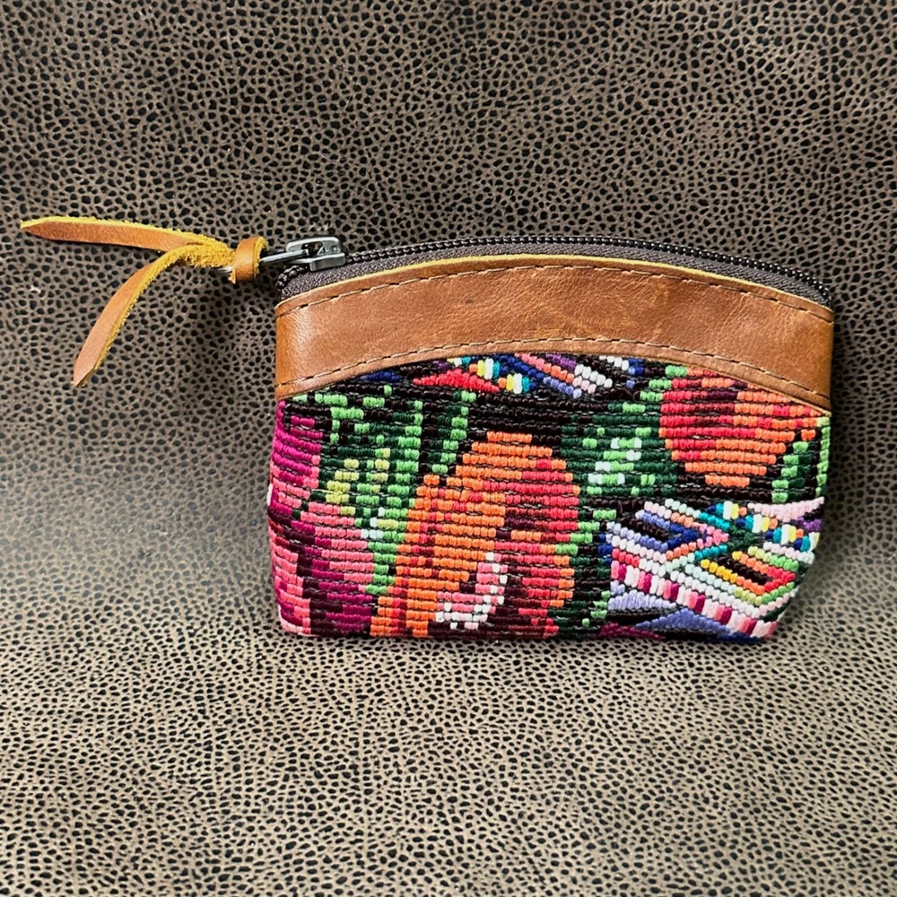 Nena & Co Woven Huipil Pouch Coin Purse Leather Trim Floral Multi Poetcore Boho